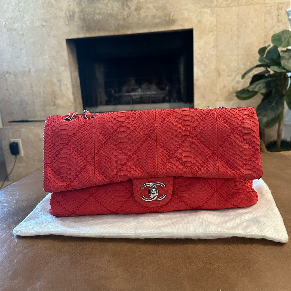 Authentic Chanel Red Quilted Ultimate Stitch Flap Bag Matte Python Silver HW EUC